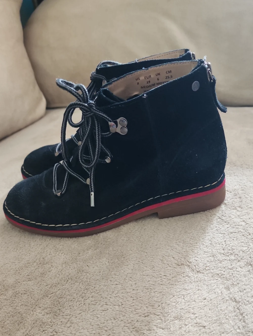 Hush Puppies Black Suede Ankle Hiker Boots with Red-Trim Sole